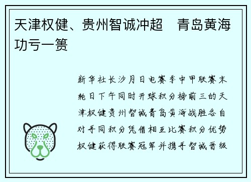 天津权健、贵州智诚冲超　青岛黄海功亏一篑